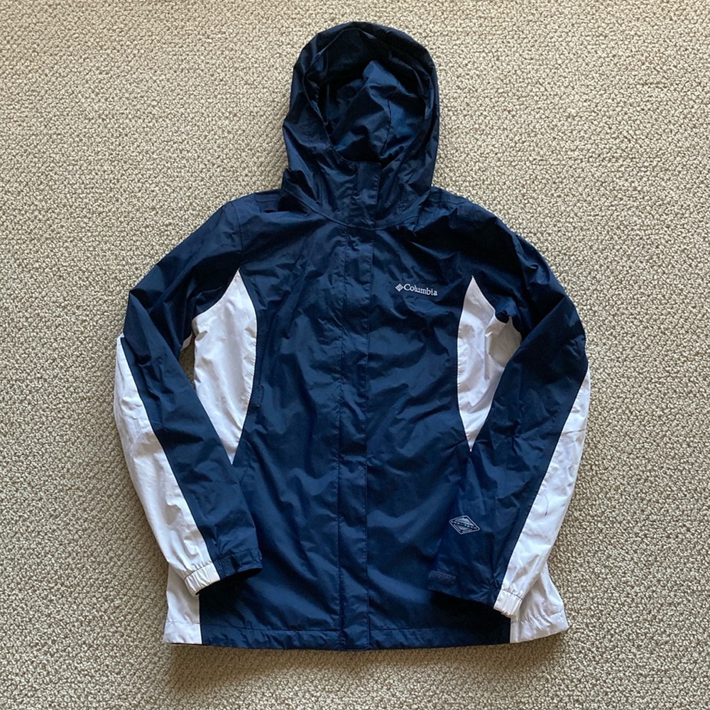 Columbia Women’s Raincoat Navy Blue White Size Small Waterproof Gear Full Zip